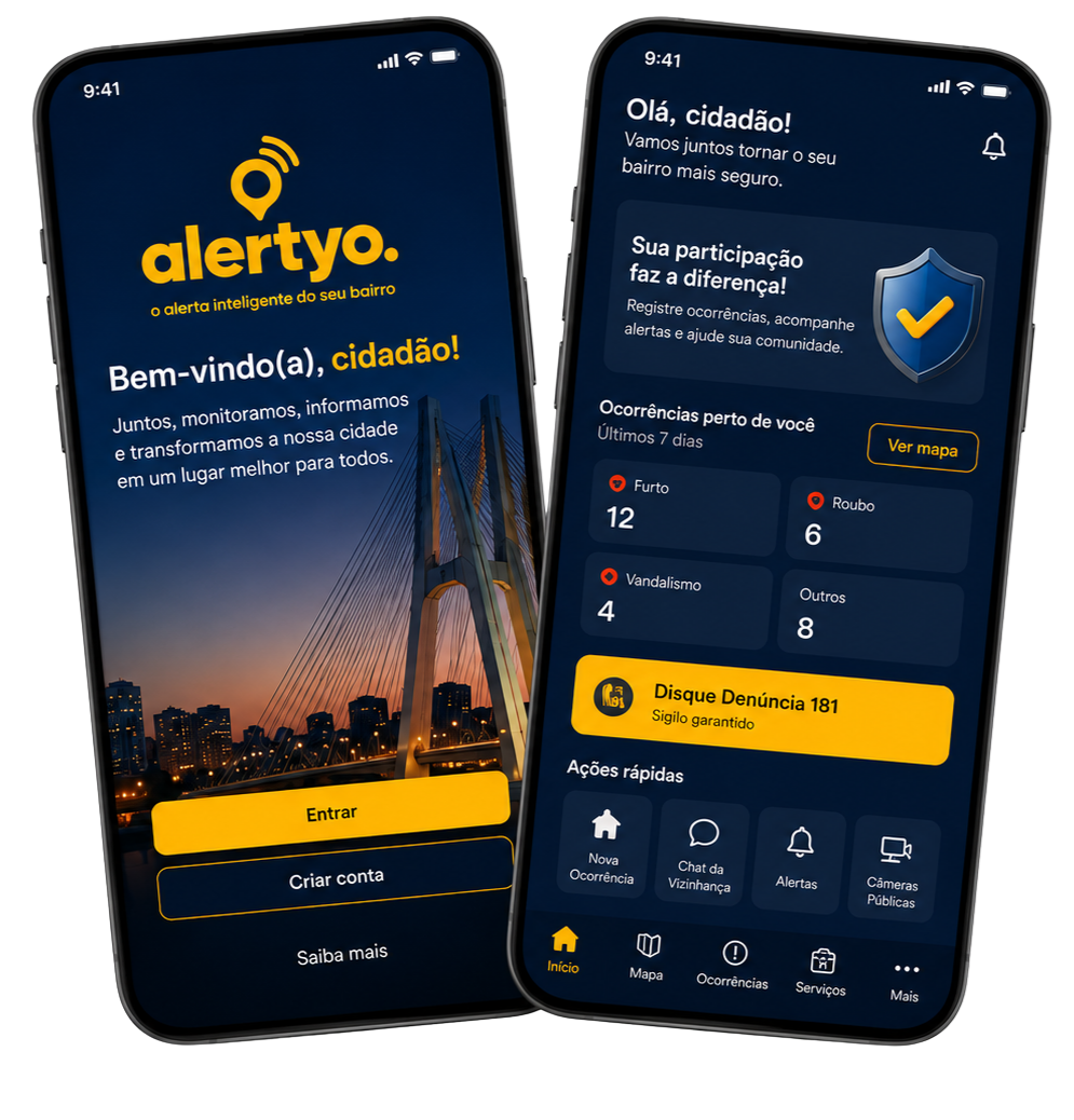 Telas do app Alertyo mostrando boas-vindas e dashboard de ocorrências