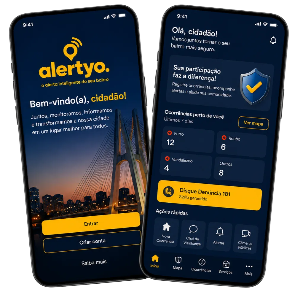 Telas do app Alertyo mostrando boas-vindas e dashboard de ocorrências